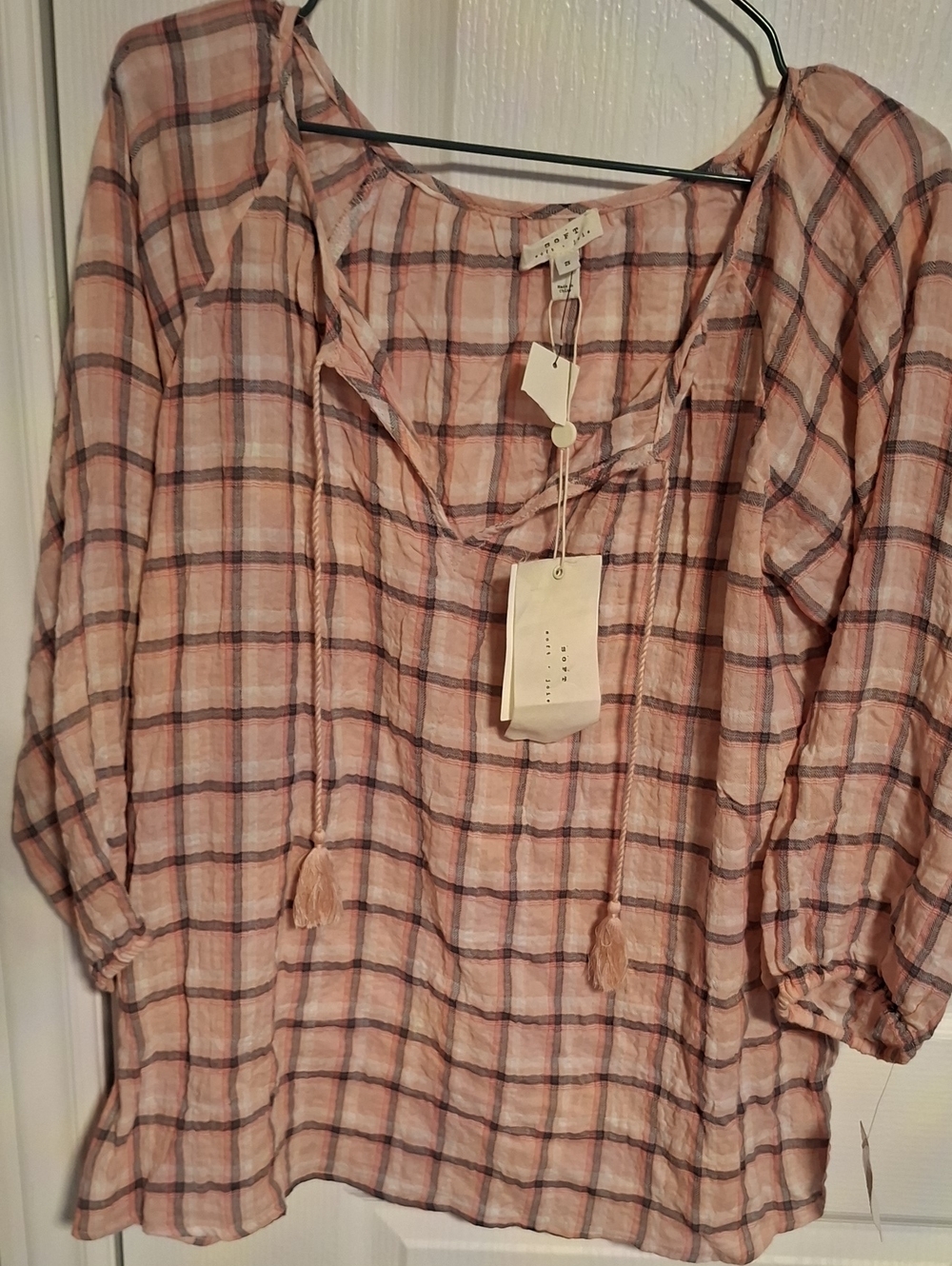 Soft Joie Pink Plaid Peasant Blouse